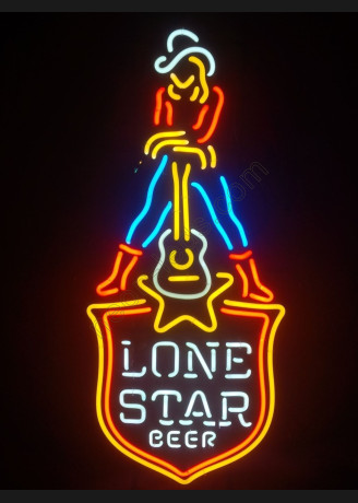 LONE STAR BEER Cowgirl Guitar Neon Sign