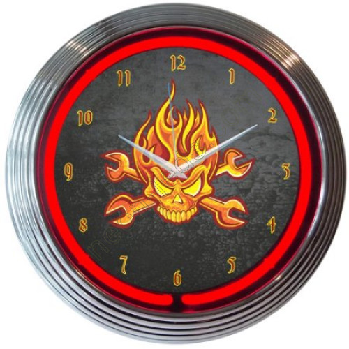 Mechanic fire skull and wrenches neon clock WL-NCS050 Mechanic fire skull and wrenches neon clock WL-NCS050